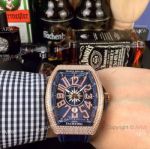 Swiss Copy Franck Muller Iced Out Rose Gold Blue Dial Watch - Vanguard Yachting V45 Collection
